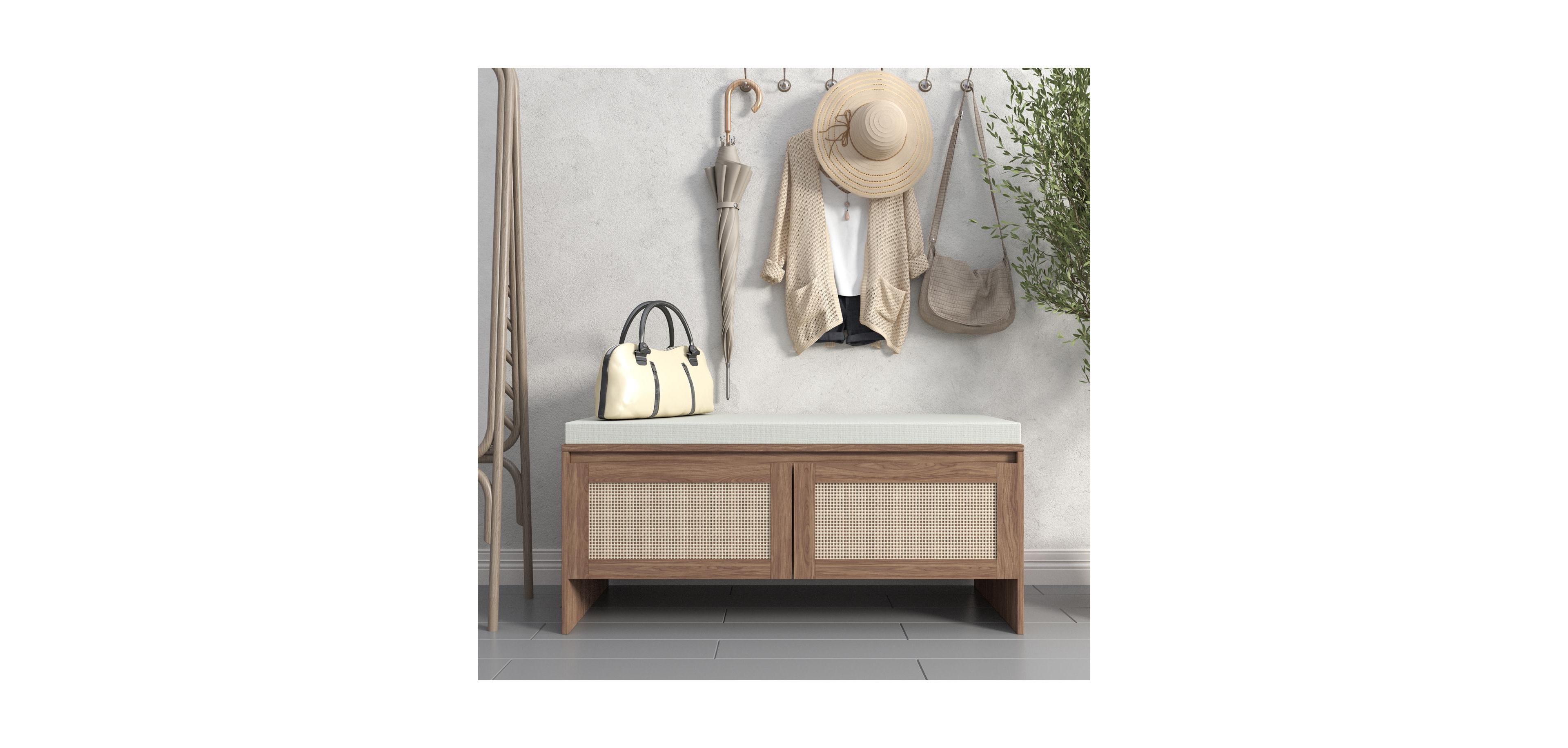 Streamdale Furniture Rattan Storage Bench with Cushion & Shoe Cabinet - Natural Finish