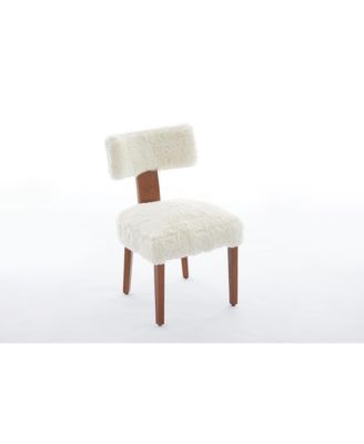 Fur Fabric Armless Dining Chairs, Curved Back, Wood Legs, Ivory (Set of 2