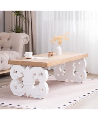 Ornate Wood Coffee Table - Farmhouse Style, Carved Base.