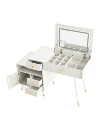  Vanity Desk with Lighted Mirror, Stool & Drawers - White