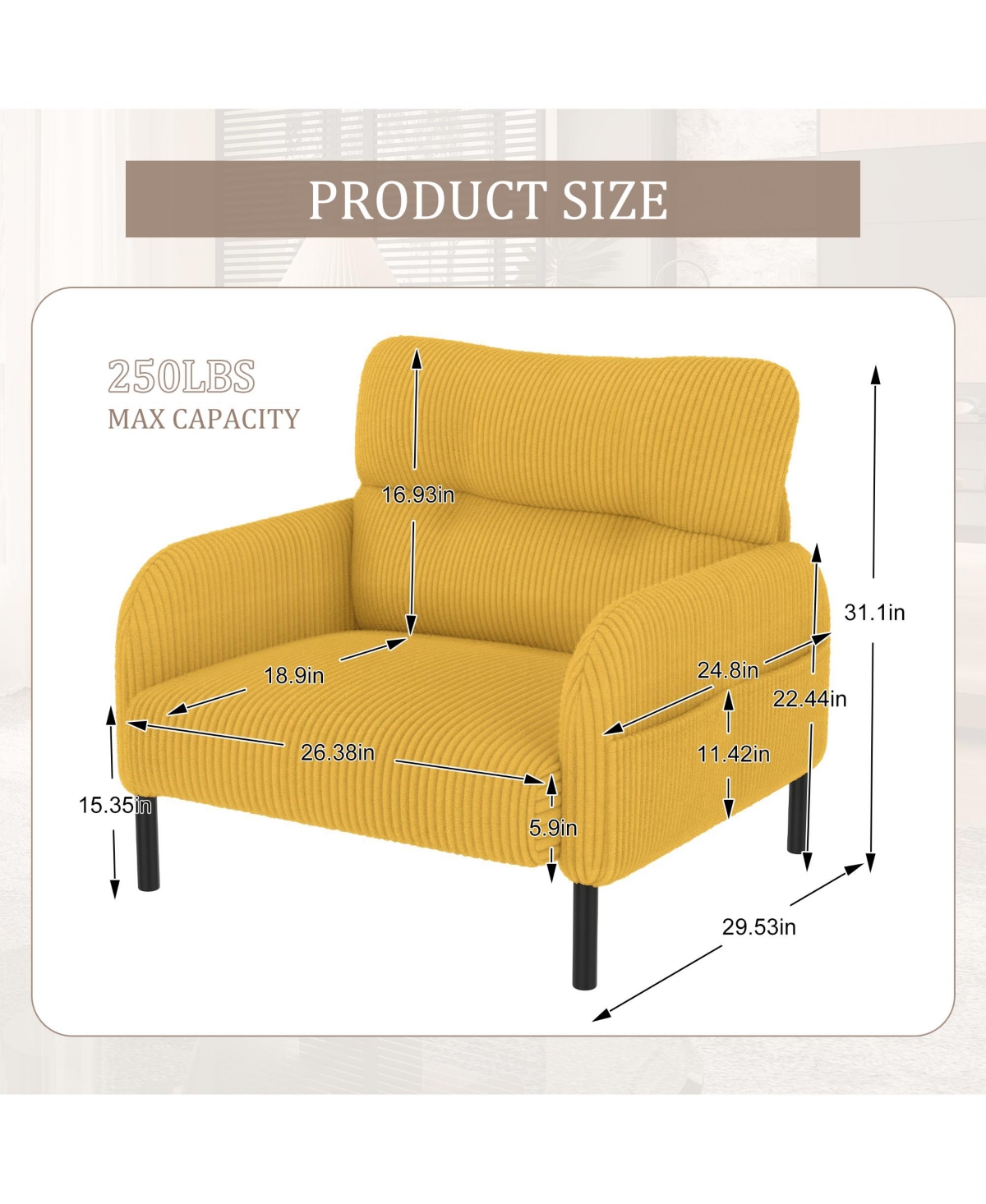 Streamdale Furniture Corduroy Wide Seat Chair - Living Room/Bedroom