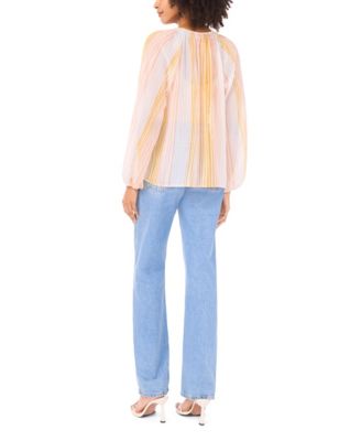 Women's Shirring Peasant Tie V-Neck Blouse