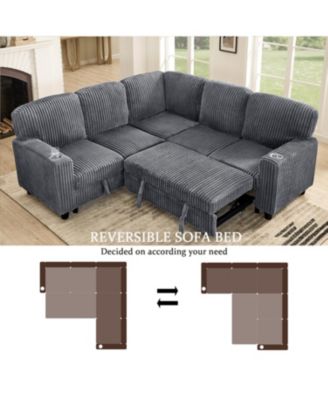 L-Shaped Sectional Sofa Bed- Pull-Out, Storage, USB, Corduroy