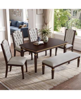 6-Piece Dining Table Set- 60" Table, 4 Tufted Chairs & Bench (Black)