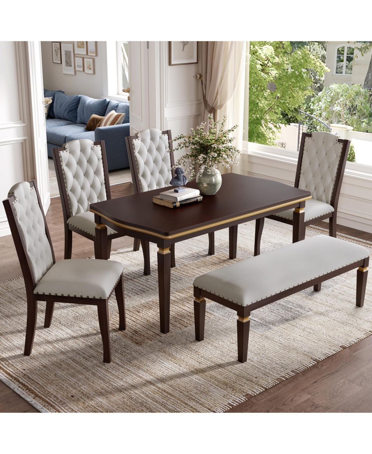 Streamdale Furniture 6-Piece Dining Table Set- 60" Table, 4 Tufted Chairs & Bench (Black)