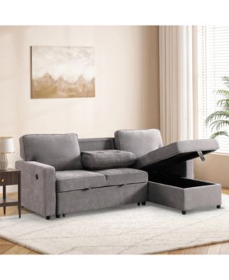 Grey Sectional Sleeper Sofa with Storage, USB & Cup Holders