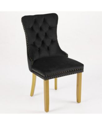 Mid-Century Tufted Velvet Dining Chairs, Lion Head Ring, Gold Legs, Blue, 2-Pcs