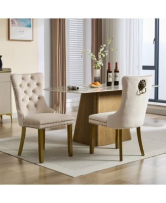 Mid-Century Tufted Velvet Dining Chairs, Lion Head Ring, Gold Legs, Blue, 2-Pcs