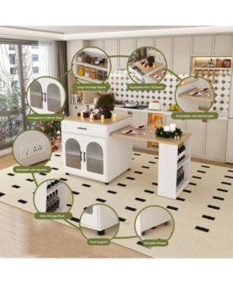 80" Expandable Kitchen Island, Solid Wood Top, Power Outlet, Mobile Cart