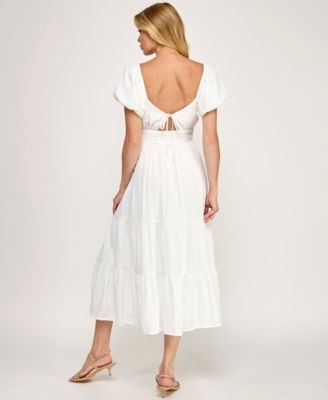 Juniors' Sweetheart Neck Puff-Sleeve Ruched Waist Midi Dress