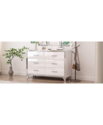  Elegant High Gloss Dresser with Metal Handle, Mirrored Storage Cabinet with 6 Drawers