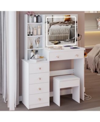 37" Bedside Vanity Table Set with - Cushioned Stool - AC/USB Sockets - Hair Dryer Stand - Touch Control LED Mirror