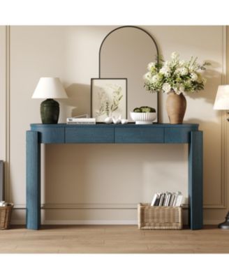 Navy Oval Console Table with Fluted Design & 2 Drawers
