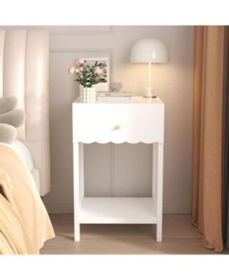 White Nightstand with Drawer & Shelf, Scalloped Edge Bedside Table