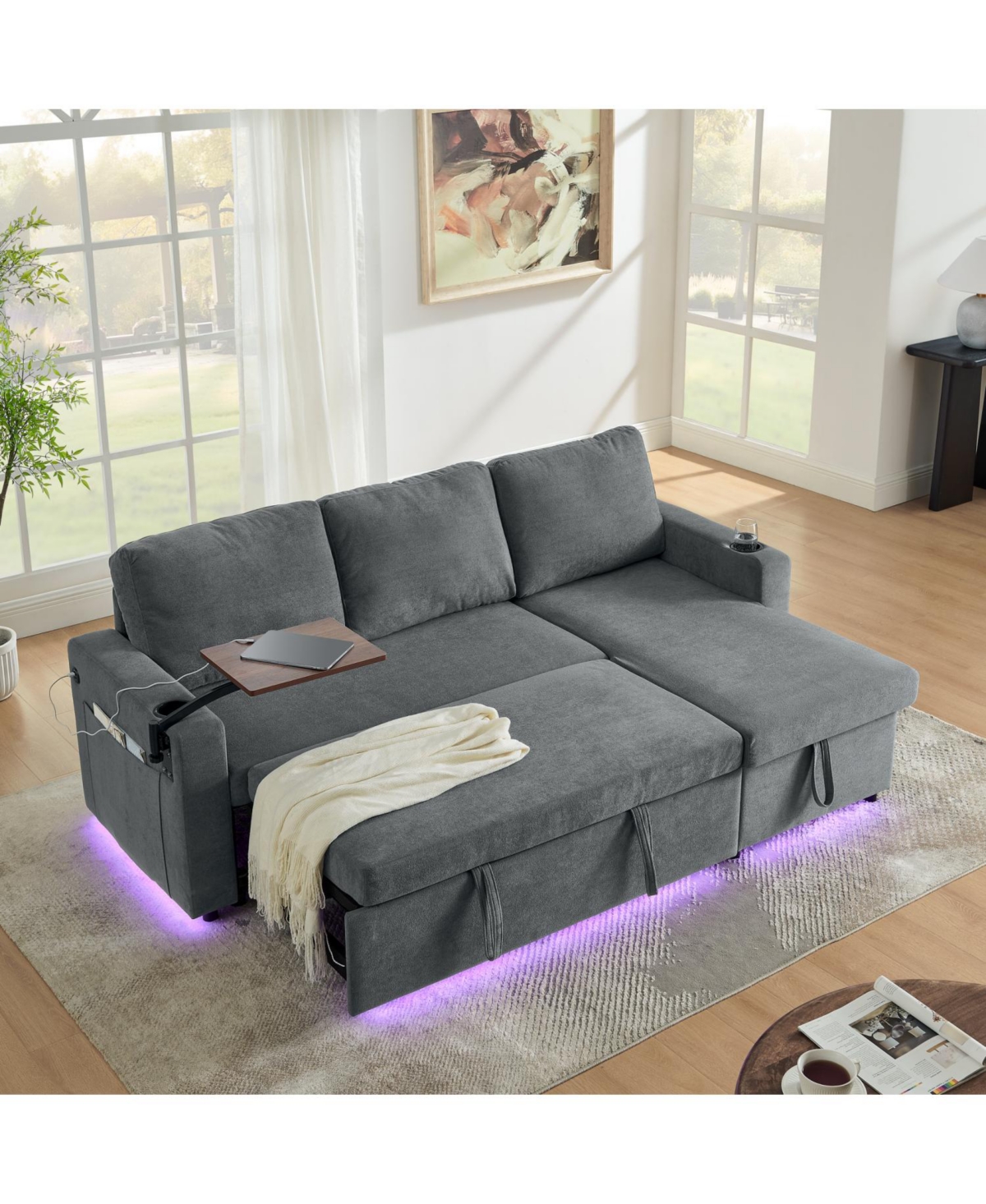 Streamdale Furniture Streamdale Chenille Pull-Out Sofa Bed w/ Table, Led, Usb & Cup Holders
