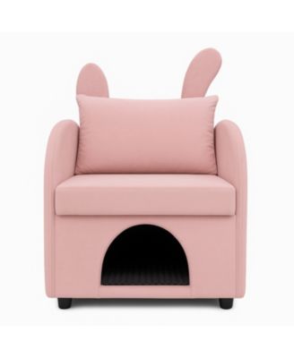 Velvet Pink Bunny-Ear Pet-Friendly Armchair with Cat & Dog Hideaway