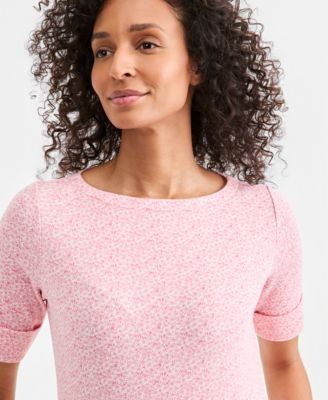 Women's Printed Boat-Neck Elbow-Sleeve Top