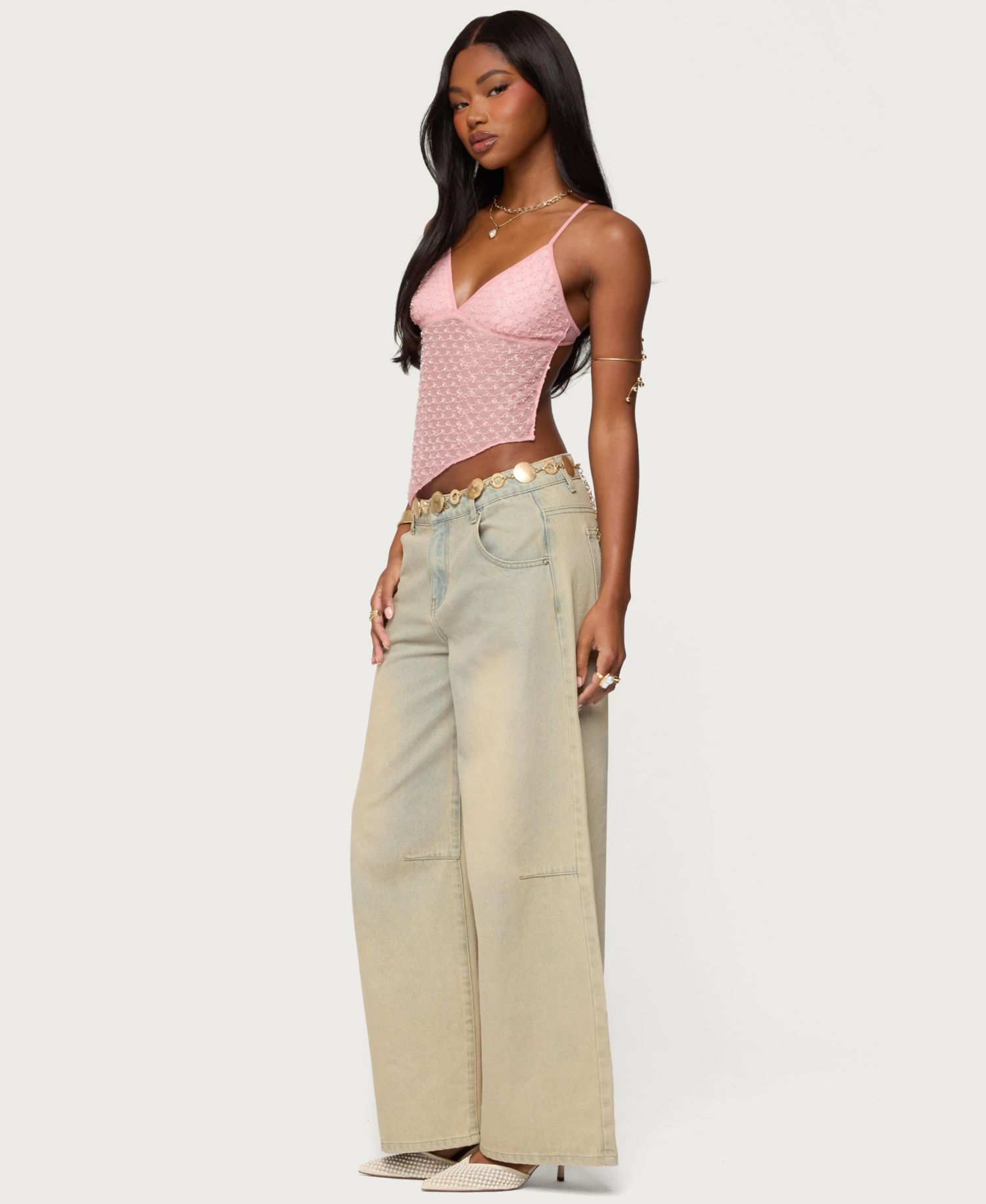 Women's Beaded Mesh Asymmetric Backless Top