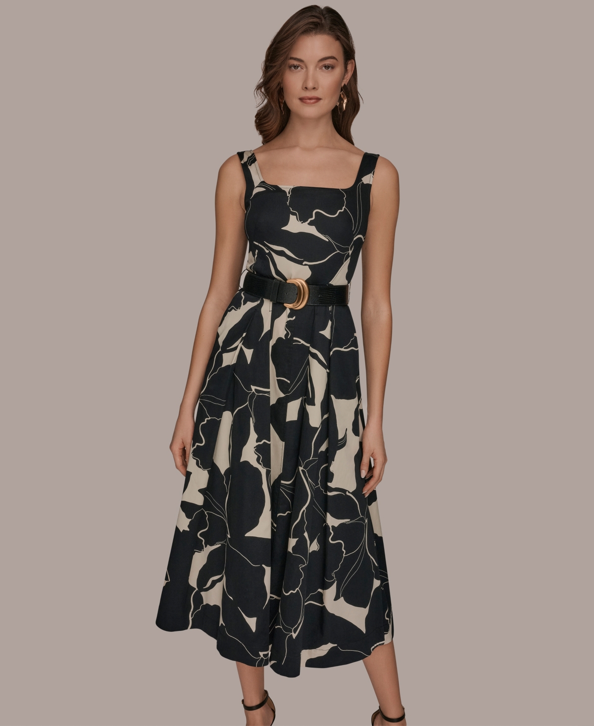 Donna Karan New York Women's Sleeveless Square Neck Floral A-Line Midi Dress