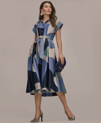 Women's Cap-Sleeve Spread Collar Geometric Colorblock Midi Shirt Dress