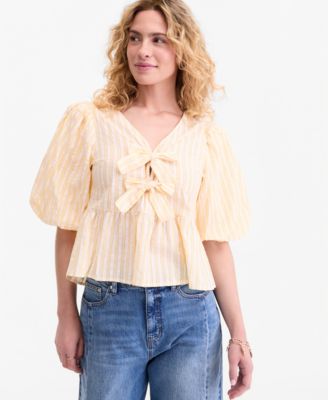 Women's  Puff-Sleeve Tie-Front Peplum Blouse