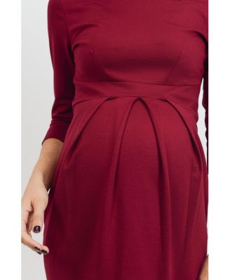 Maternity 3/4 Sleeve Round Neck Front Pleat Dress