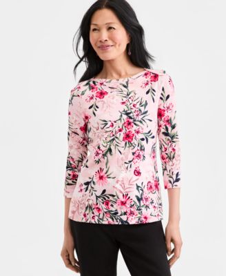Petite Floral Print Boat Neck Top