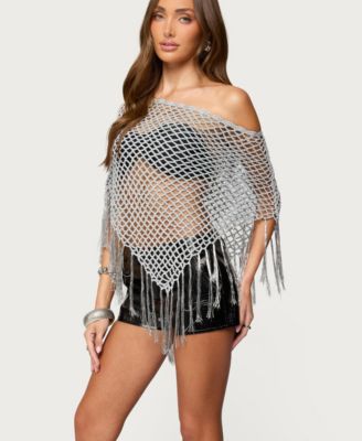 Women's Evette Fringe Open Knit Metallic Poncho