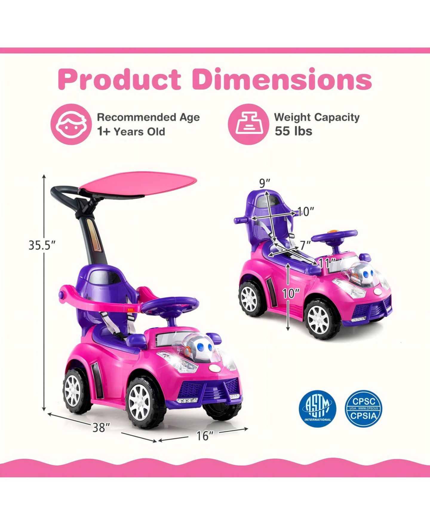 Детская игрушка HONGGE 3-in-1 Toddler Push Car, 38"L x 16"W x 35.5"H, With Removable Sun Canopy and Parental Handle, Ages 1+, цвет: Розовый — фото 4