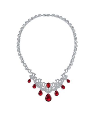 Art Deco Style Ruby Red CZ Cubic Zirconia Statement Bib Necklace and Teardrop Earrings Jewelry Set