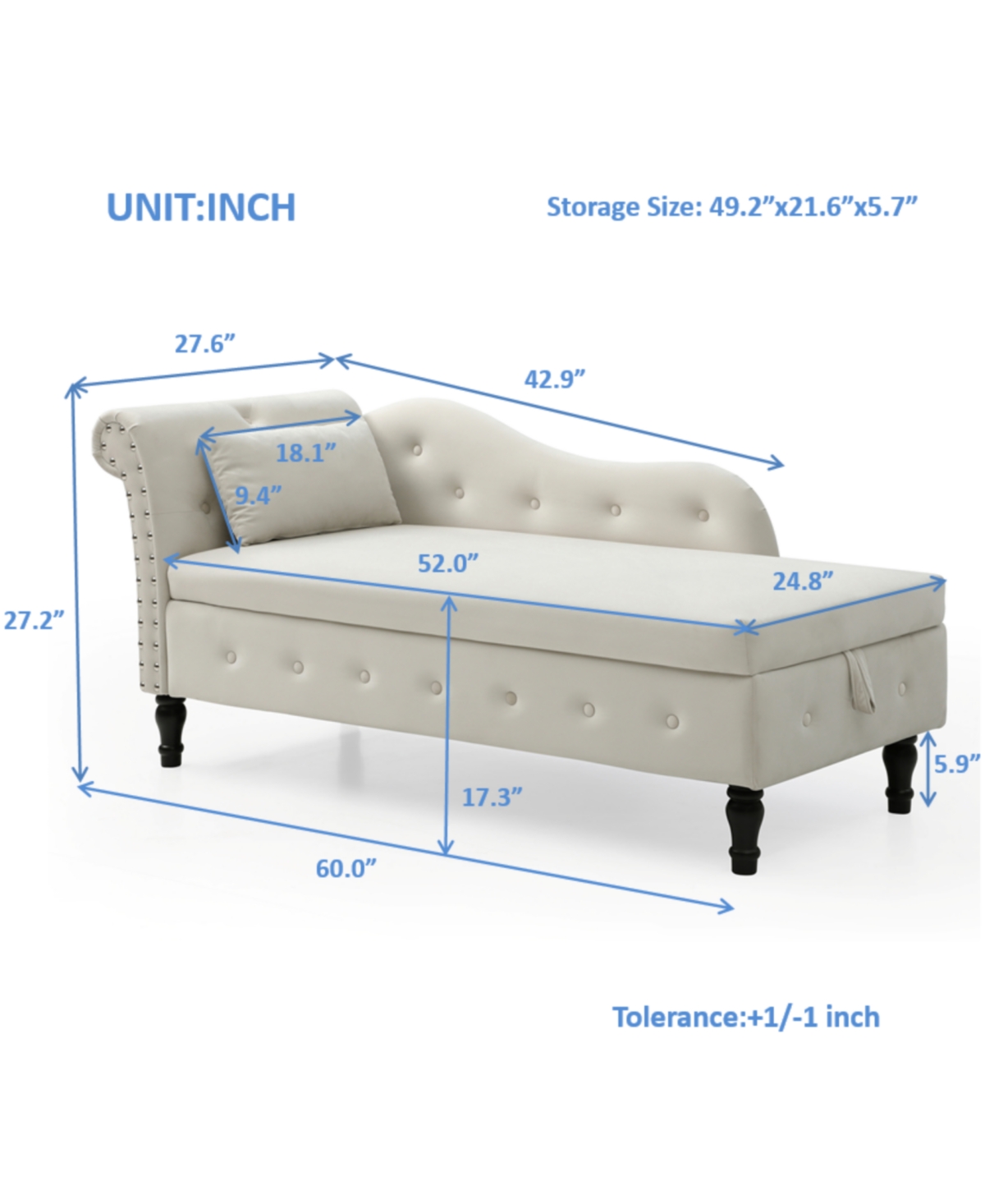 Simplie Fun 60" Velvet Multifunctional Storage Chaise Lounge Buttons Tufted Nailhead Trimmed Solid