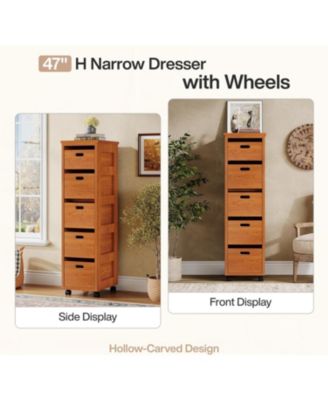 Slim Vertical Tower Unit with Wheels, Tall Narrow Wood Organizer Tower, Walnut Brown