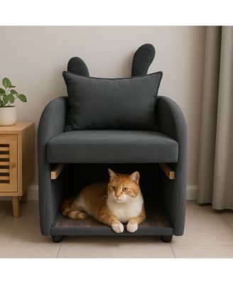Bunny-Ear Pet-Friendly Armchair Sofa Chair with Side Pocket, Scratch-Resistant Fabric, Built-in Cat & Dog Hideaway