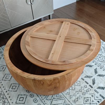 Retro Barrel Coffee Table with Storage, Solid Wood and MDF