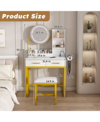 Makeup Vanity with LED Lights, Power Outlet, Drawers & Chair (White