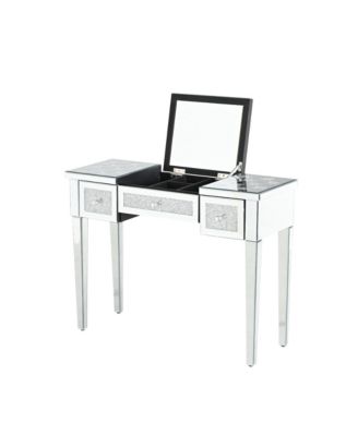 Mirrored Vanity Desk, Crushed Diamond Inlay, Flip-Top Mirror, Silver