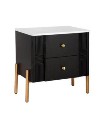 Modern Black Nightstand with Fluted Drawers & Gold Accents