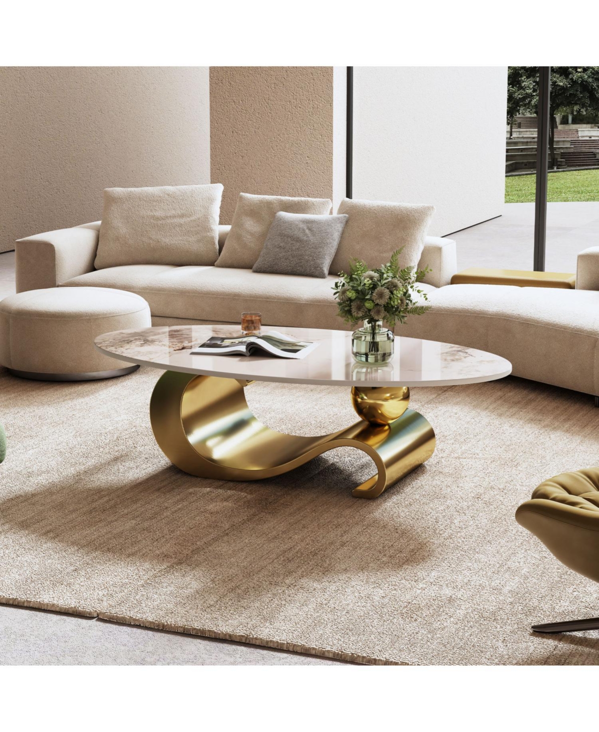 Streamdale Furniture 49" Faux Marble Oval Coffee Table, Gold Base