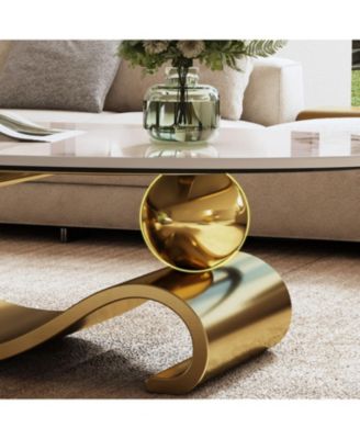 49" Faux Marble Oval Coffee Table, Gold Base