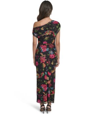 Women's Printed Mesh Asymmetrical Neckline Bodycon Dress