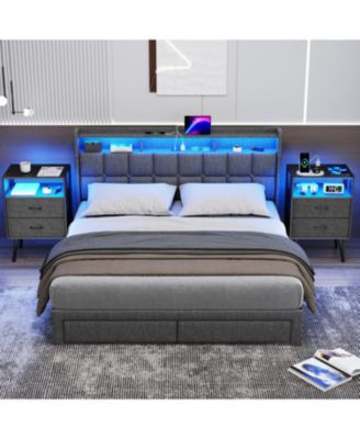 Charging Nightstand with LED & Fabric Drawers