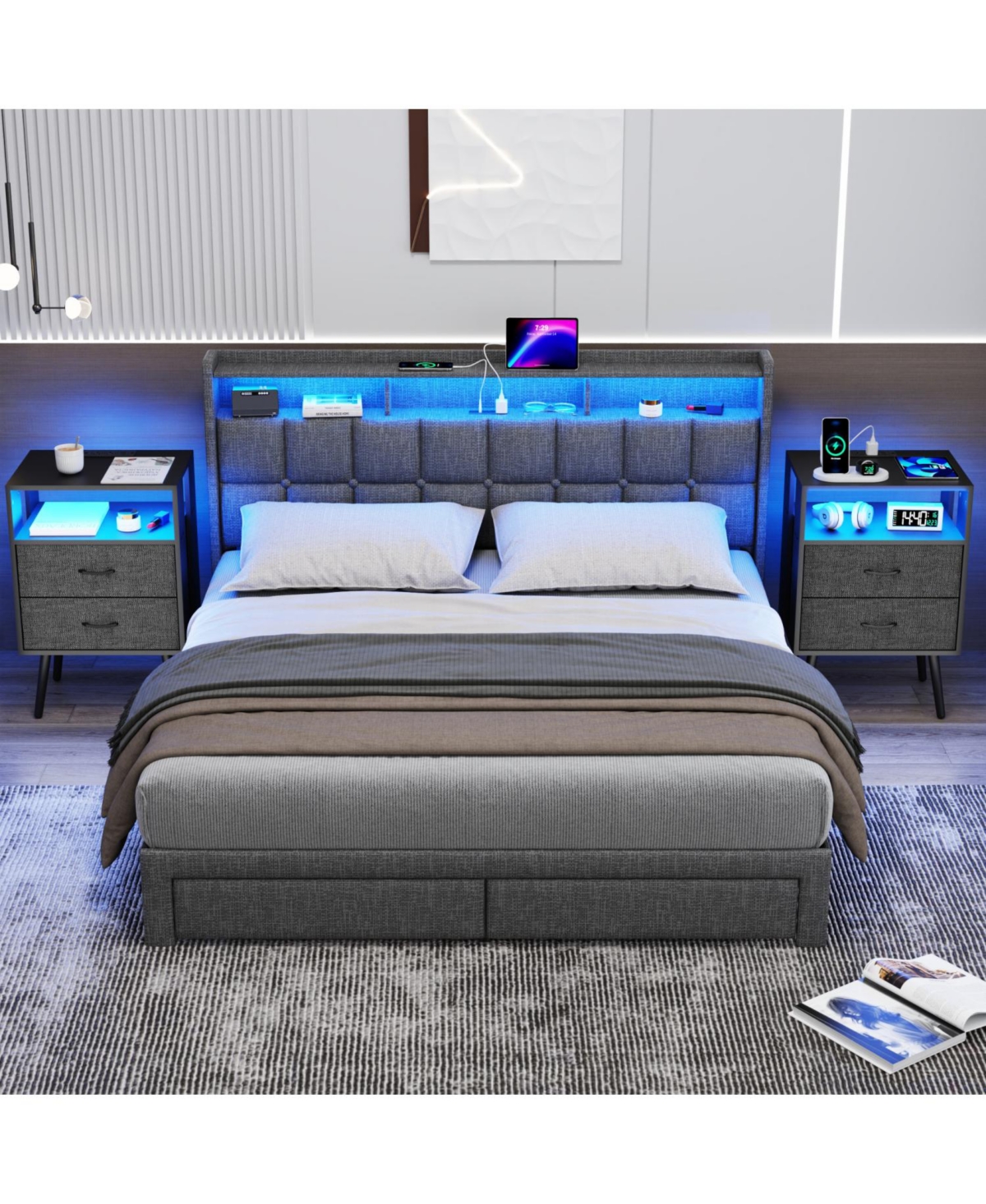 Streamdale Furniture Charging Nightstand with Led & Fabric Drawers