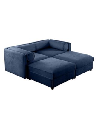 Blue Chenille 2-Seater Sofa with Storage Ottomans