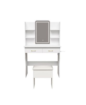 Vanity Desk with LED Lights Mirror, Power Outlet, Drawers & Chair - White