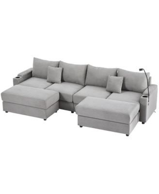 123" Modern Sectional Sofa w/ Storage, Ottomans, USB, Cup & Phone Holders - Grey