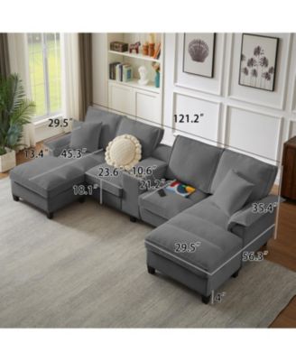 120" Corduroy Sectional Sofa Bed w/Storage, U-Shape, 4-Seater, Cup Holders