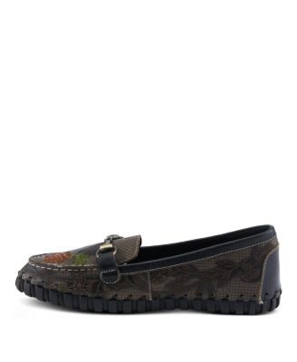 L’Artiste Women’s DELAVIGNE Handpainted Floral Loafers with Gold Bit Accent, Cushioned Insole & Flexible Sole
