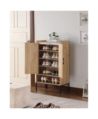 Streamdale Rattan Door Shoe Cabinet - 5-Tier Wooden Shoe Rack Organizer