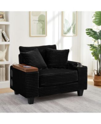 Corduroy Sofa Bed with Ottoman, Bluetooth, USB, Rotating Table
