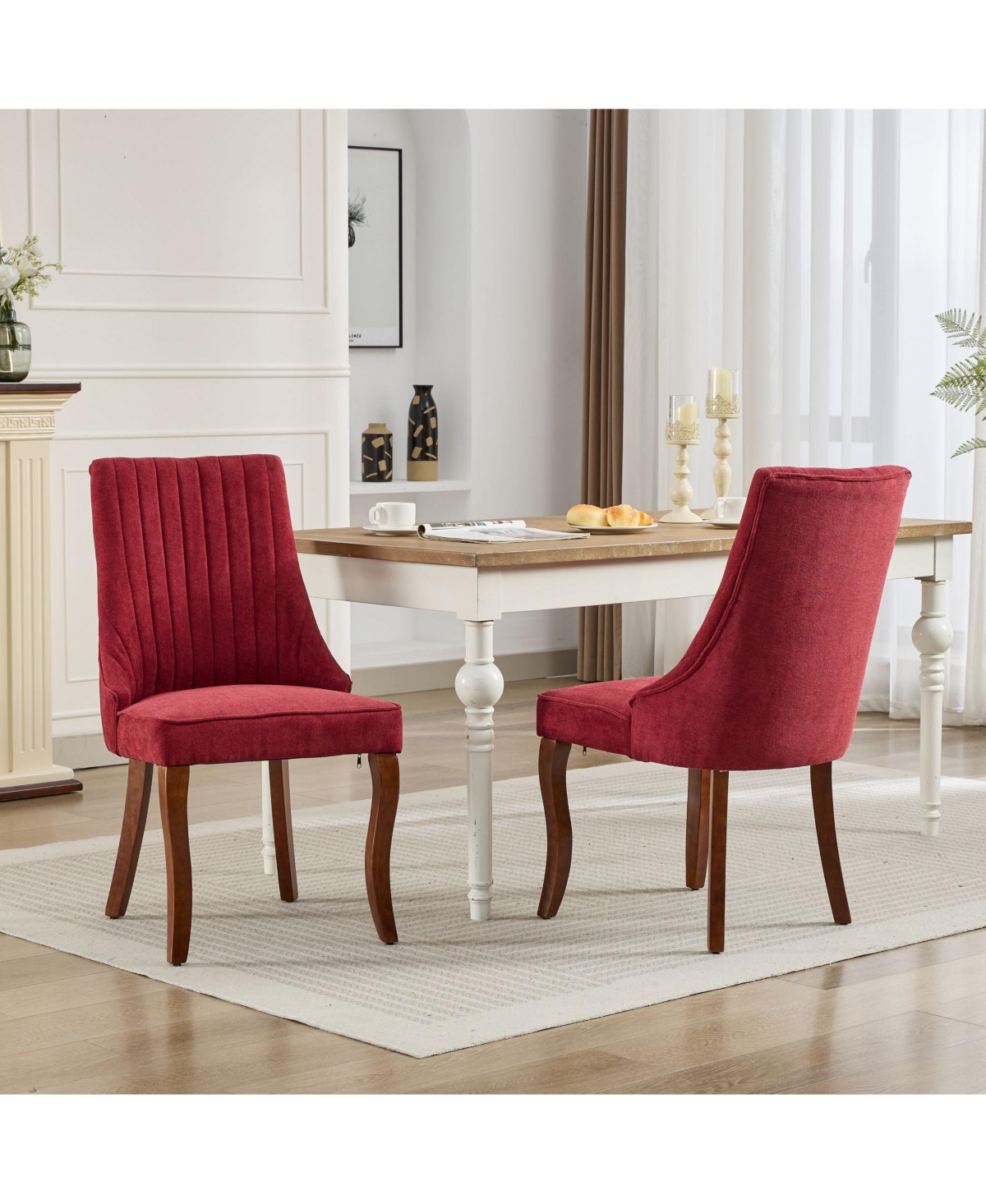 Streamdale Furniture Streamdale Wine Red Flocked Linen Dining Chairs, Set of 2